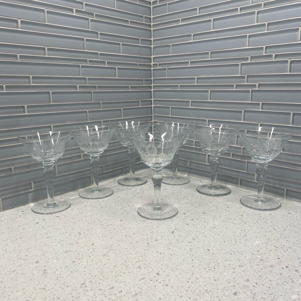 Vntg Arcadia ARE14 Sunflower Etched Champagne Tall Sherbet 5 1/2” Glass Set Of 7